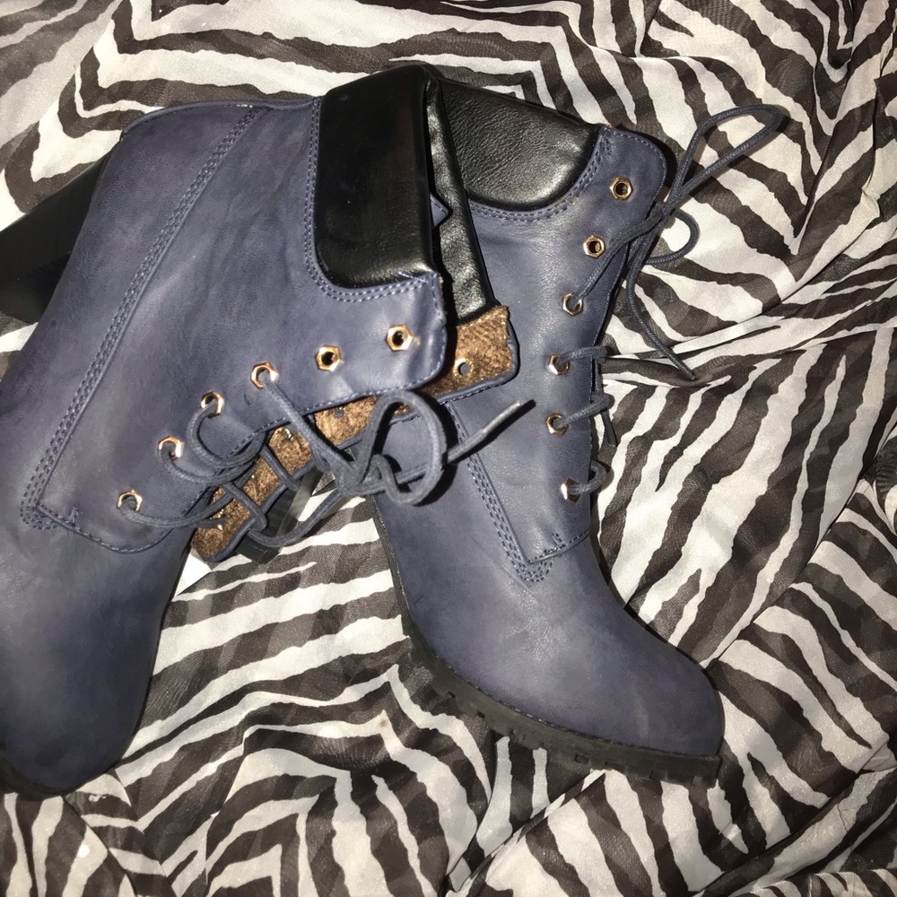 leather blue jean colored chunky heels